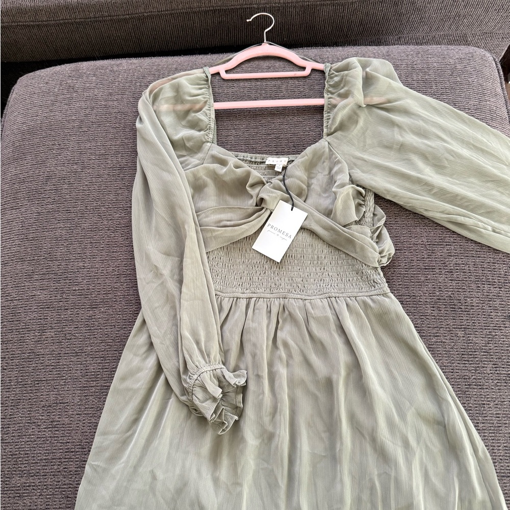 Promesa Sage Green Mini Dress with Puff Sleeves